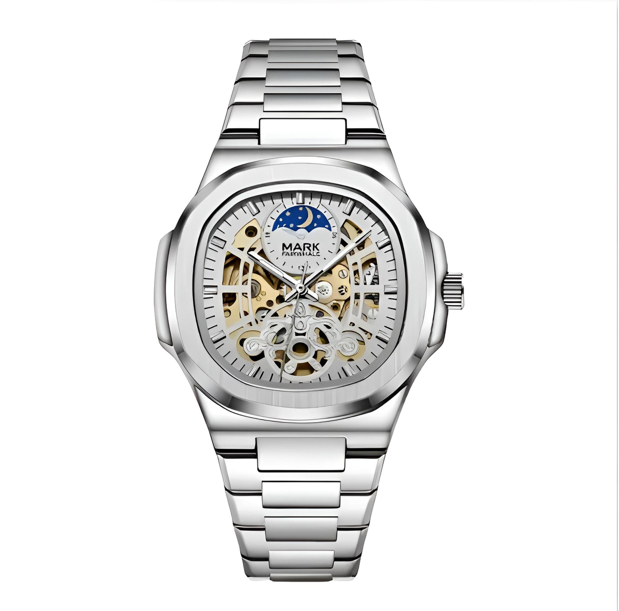 Mark Fairwhale LUNASKEL FW-6012 skeleton automatic watch with silver stainless steel strap and moon phase display