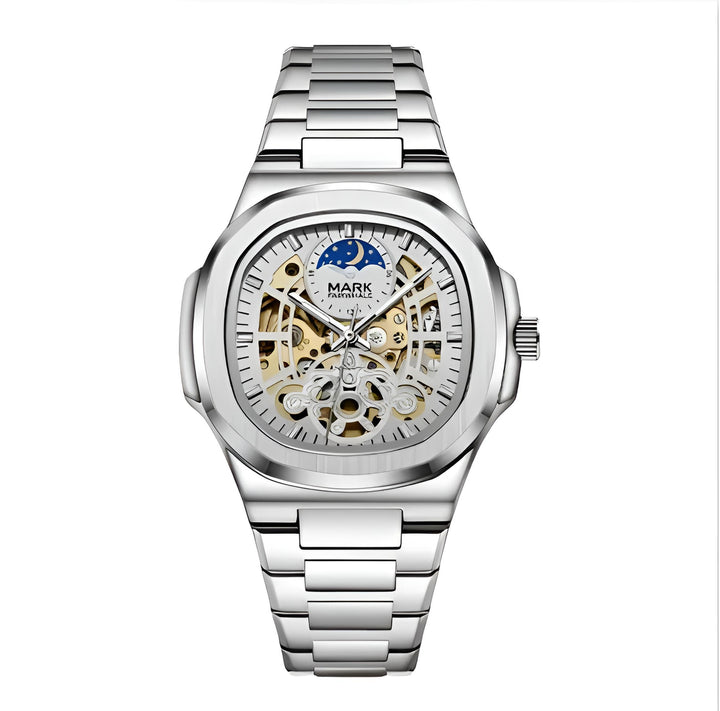 Mark Fairwhale LUNASKEL FW-6012 skeleton automatic watch with silver stainless steel strap and moon phase display