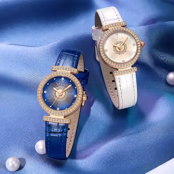 Mark Fairwhale LUNEA blue dial quartz watch with leather strap and rose gold bezel