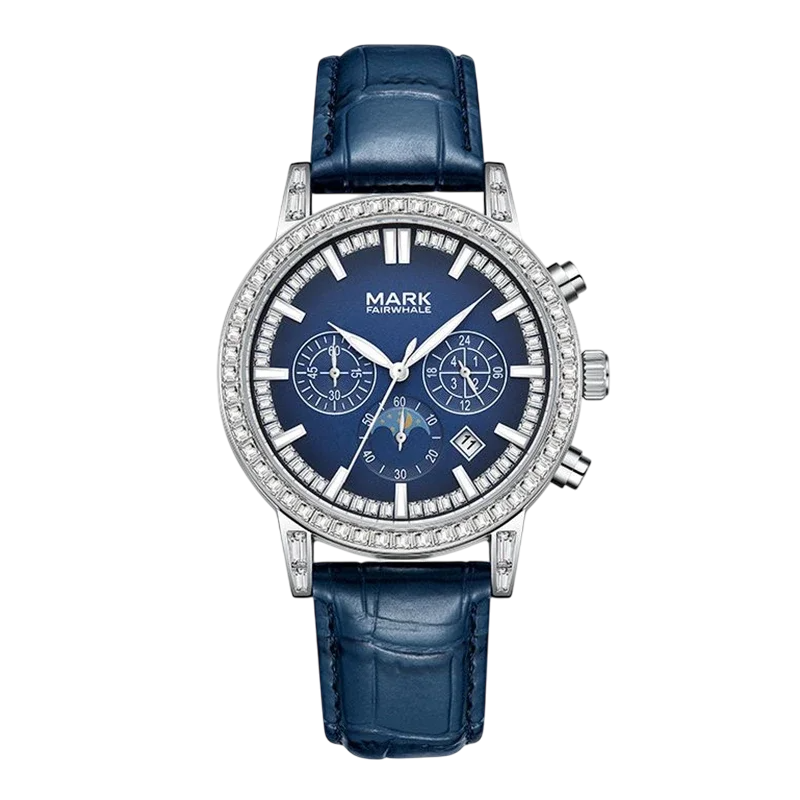 Mark Fairwhale LUNEXOR FW-5980 blue dial luxury men’s chronograph watch with diamond bezel and leather strap