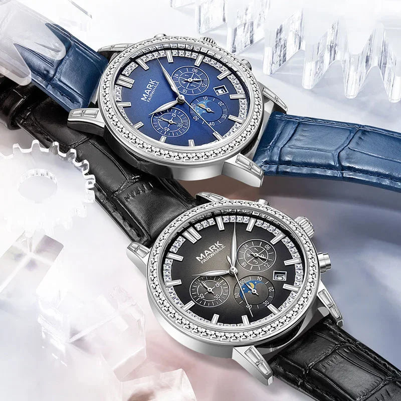 Mark Fairwhale LUNEXOR luxury watches blue and black leather strap edition side by side