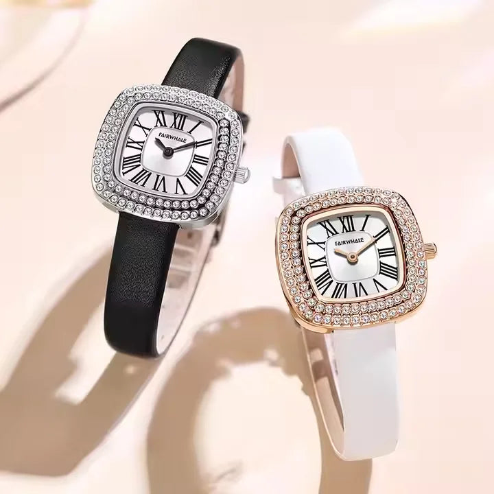 Mark Fairwhale LURAME women’s black leather quartz watch with rhinestone bezel and sapphire glass
