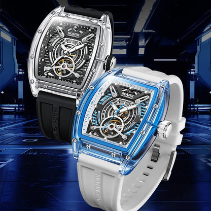 Mark Fairwhale FW-6860 LUXONIS men’s automatic skeleton watch in black and blue acrylic case with sport rubber straps.