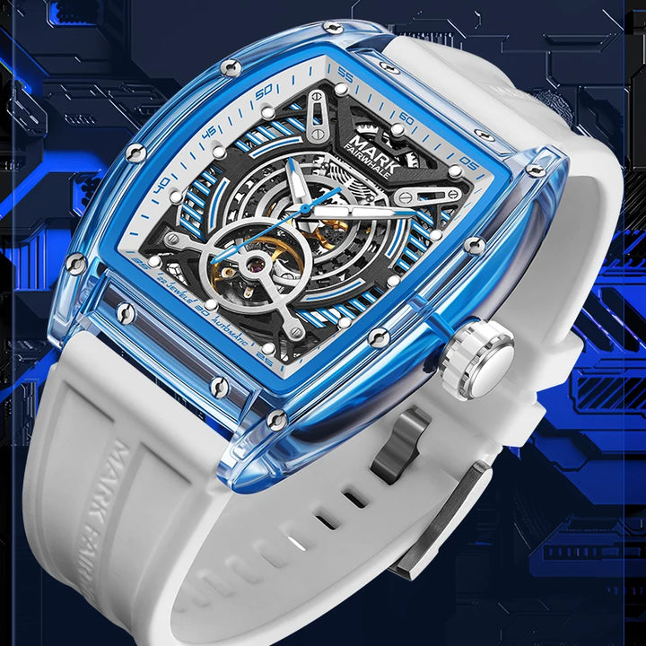  Mark Fairwhale FW-6860 LUXONIS men’s skeleton automatic watch with blue acrylic case, white rubber strap, and luminous details.
