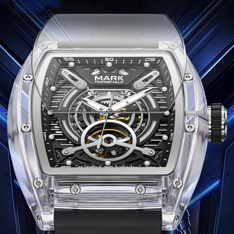 Mark Fairwhale FW-6860 LUXONIS men’s semi-skeleton automatic watch with acrylic tonneau case and bold mechanical display.