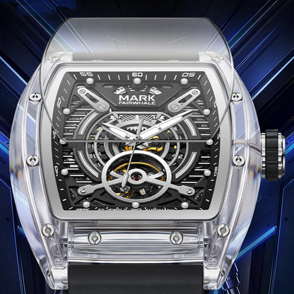 Mark Fairwhale FW-6860 LUXONIS men’s semi-skeleton automatic watch with acrylic tonneau case and bold mechanical display.