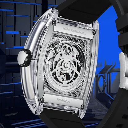 Mark Fairwhale FW-6860 LUXONIS men’s automatic watch with transparent acrylic case back revealing 20-jewel mechanical movement.