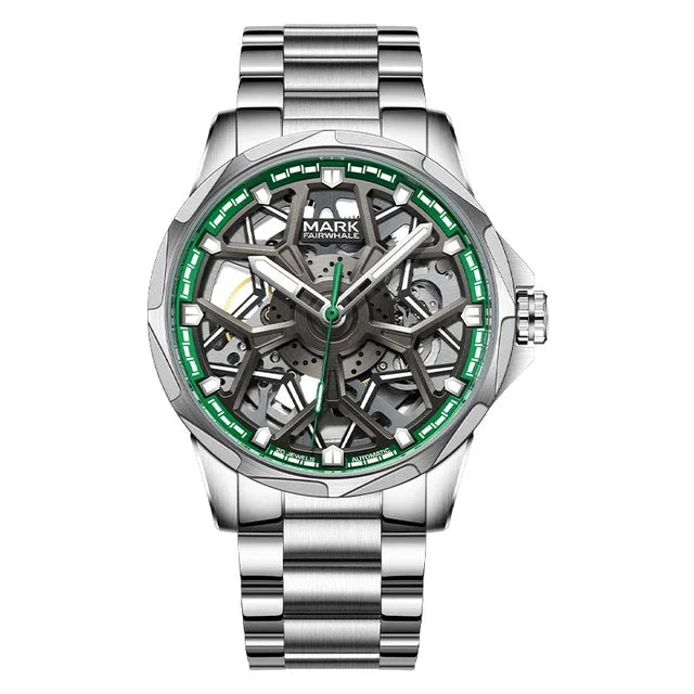 Mark Fairwhale FW-6800 NAUREON skeleton automatic men’s watch with green luminous dial and stainless steel bracelet
