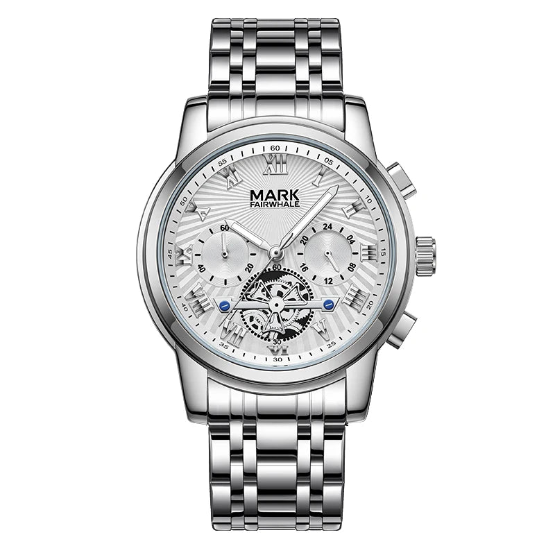 Mark Fairwhale NEXORA 5036 men’s quartz watch with silver Roman numeral dial and stainless steel bracelet