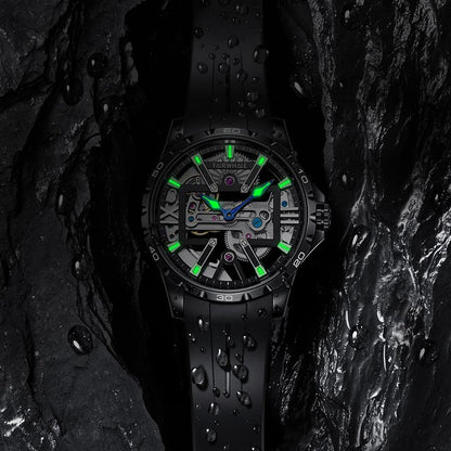 Mark Fairwhale NORIVEXA Obsidian Luxe – Sleek black automatic watch for men, 43mm stainless steel case, luminous dial