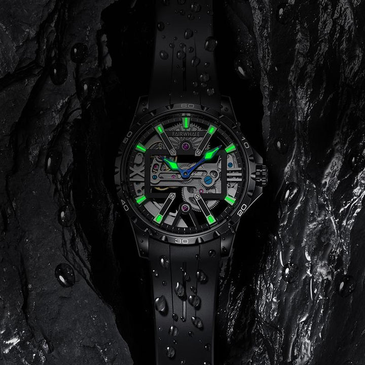 Mark Fairwhale NORIVEXA Obsidian Luxe – Sleek black automatic watch for men, 43mm stainless steel case, luminous dial