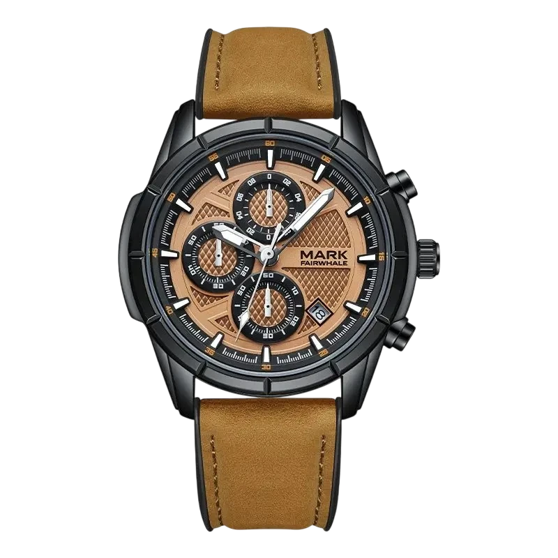Mark Fairwhale NOVANTOR watch product photo with brown leather strap and black chronograph dial