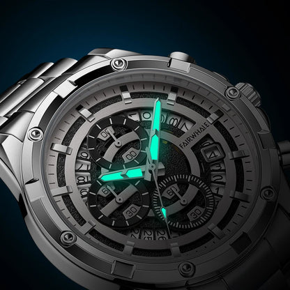 Mark Fairwhale NOVATRIX 5430 chronograph watch with luminous hands glowing in low light, elegant stainless steel design.