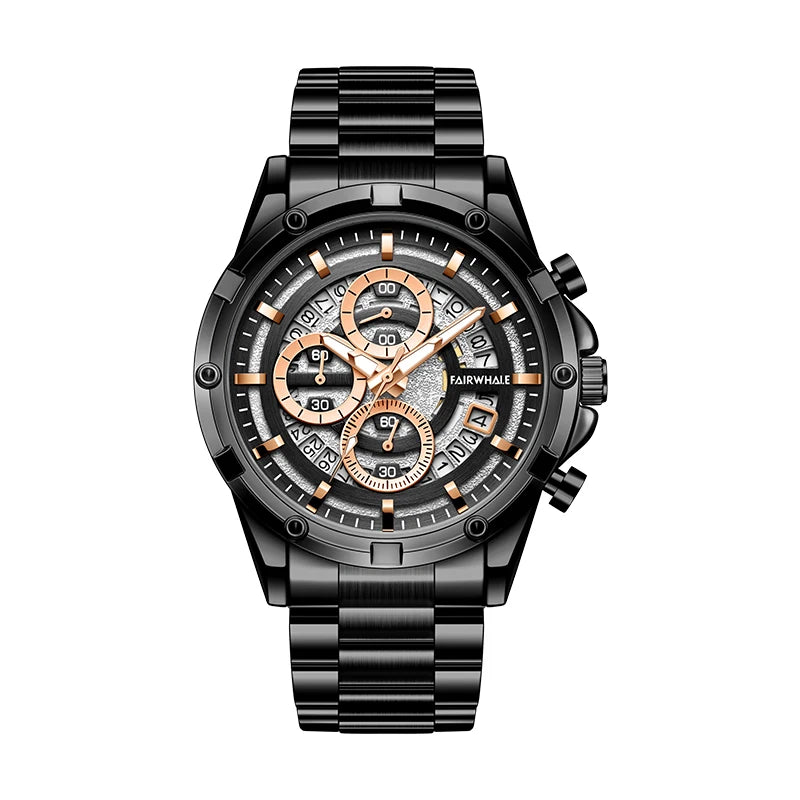 Mark Fairwhale NOVATRIX 5430 men’s chronograph watch in black stainless steel with rose gold accents.
