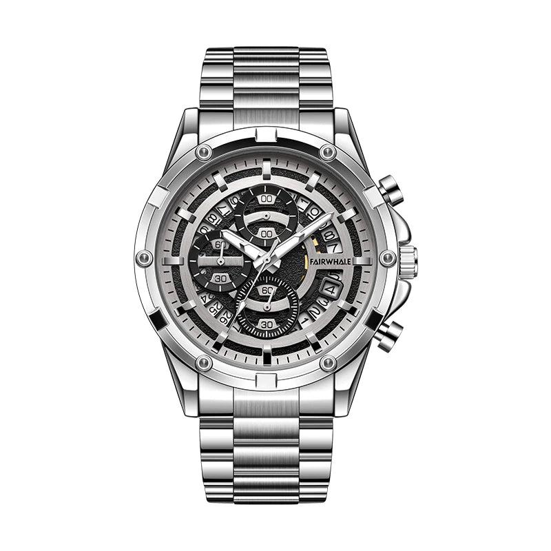 Mark Fairwhale NOVATRIX 5430 men’s luxury stainless steel chronograph watch in full silver design.