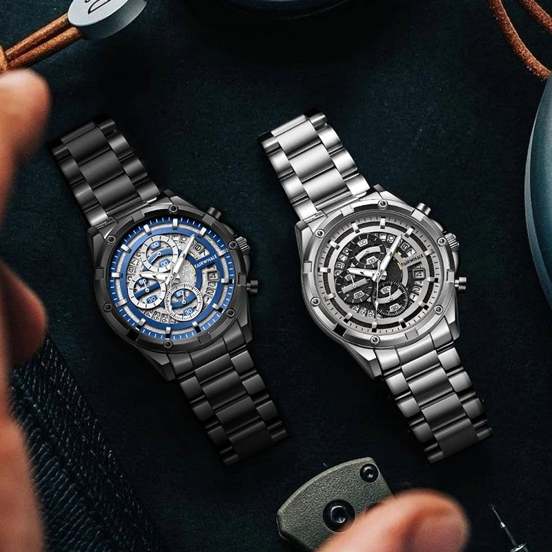 Mark Fairwhale NOVATRIX 5430 watches in black with blue dial and silver stainless steel version, luxury chronograph designs.