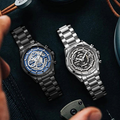 Mark Fairwhale NOVATRIX 5430 watches in black with blue dial and silver stainless steel version, luxury chronograph designs.