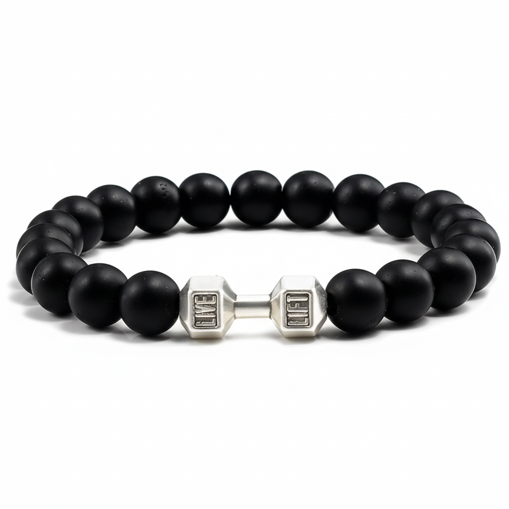 Black beaded bracelet with silver dumbbell-shaped charms on a white background