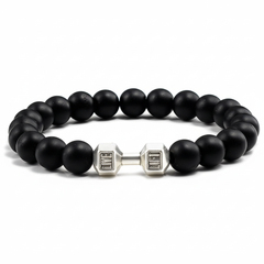 Black beaded bracelet with silver dumbbell-shaped charms on a white background