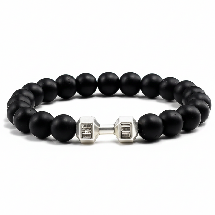 Black beaded bracelet with silver dumbbell-shaped charms on a white background