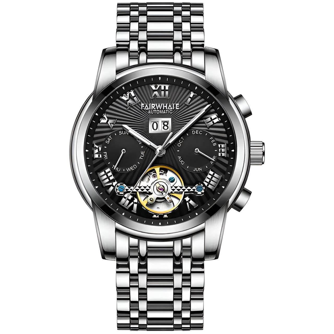 Mark Fairwhale ORIENTIS Obisidian Horizon – Black dial automatic calendar watch for men, 316L stainless steel case &amp; silicone strap