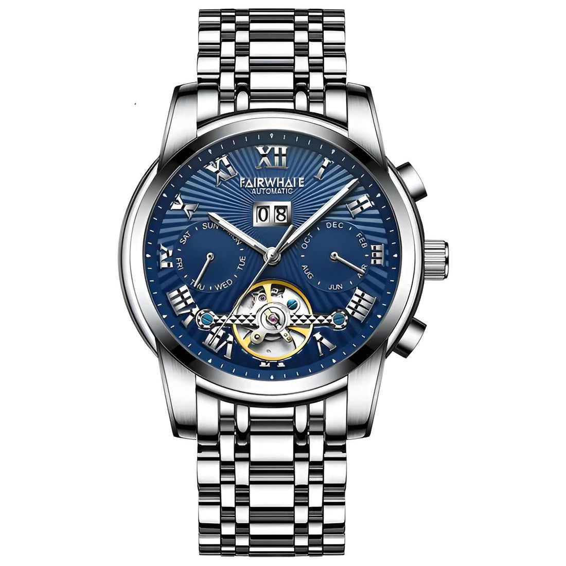 Mark Fairwhale ORIENTIS Skyborne Steel – Stainless steel automatic watch for men with luminous calendar dial and dual-material band