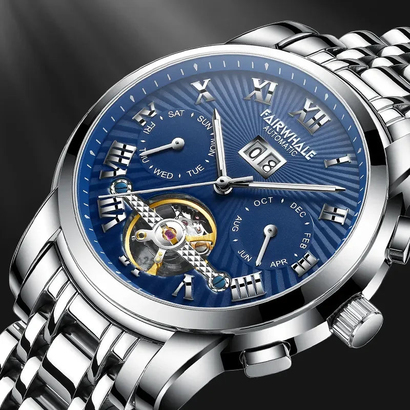 Mark Fairwhale ORIENTIS Skyborne Steel – Stainless steel automatic watch for men with luminous calendar dial and dual-material band