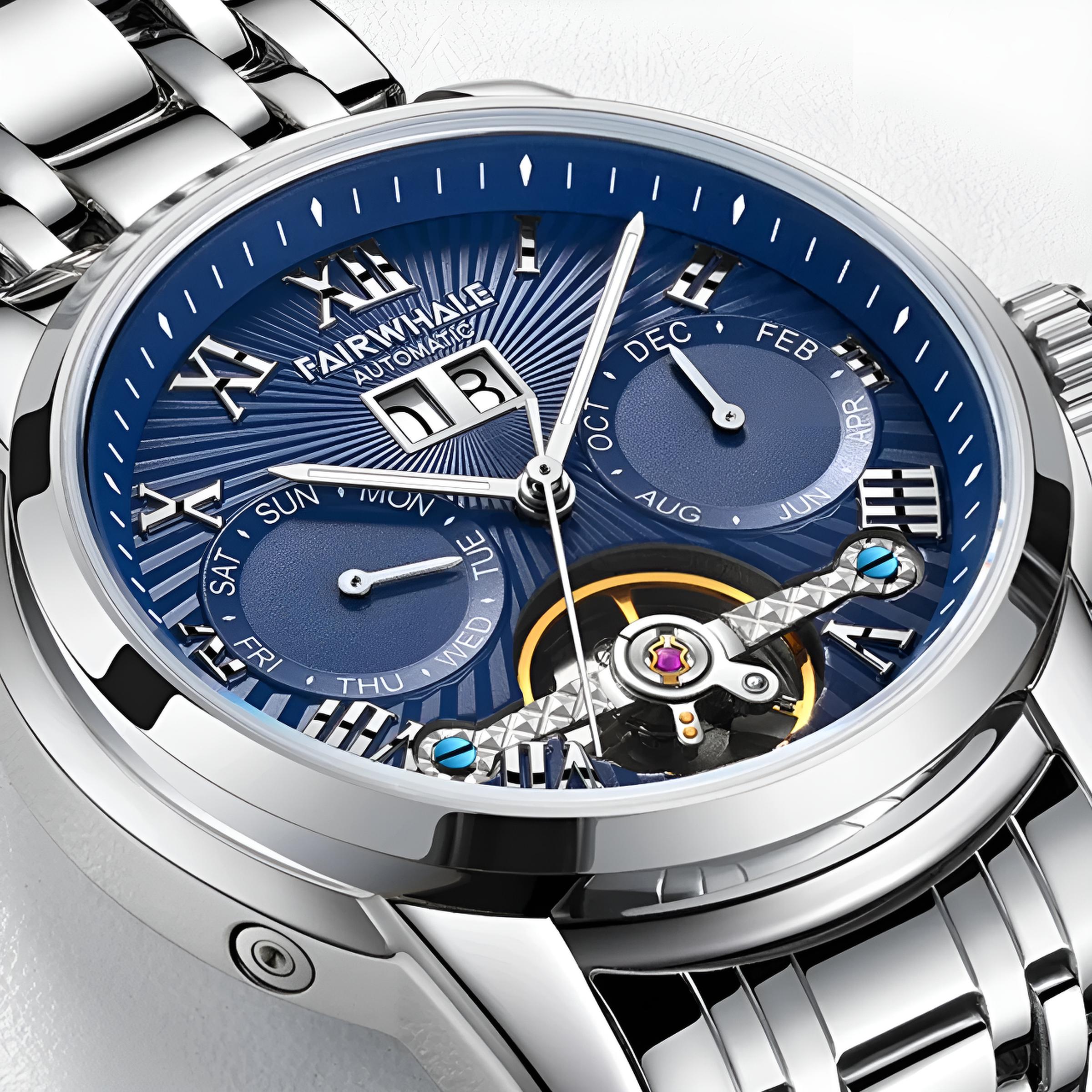 Mark Fairwhale ORIENTIS Skyborne Steel – Stainless steel automatic watch for men with luminous calendar dial and dual-material band