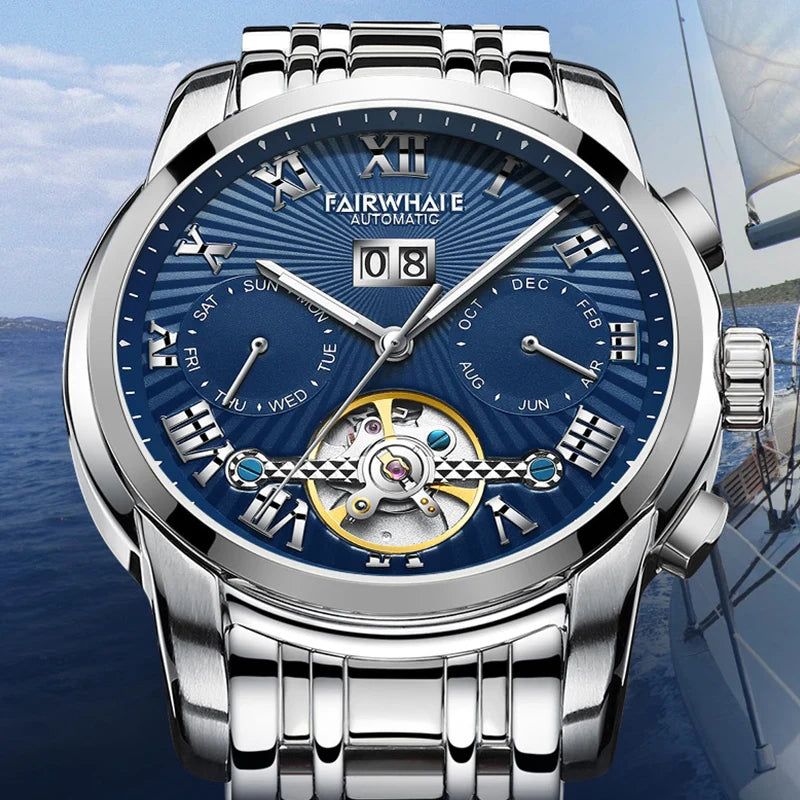 Mark Fairwhale ORIENTIS Skyborne Steel – Stainless steel automatic watch for men with luminous calendar dial and dual-material band
