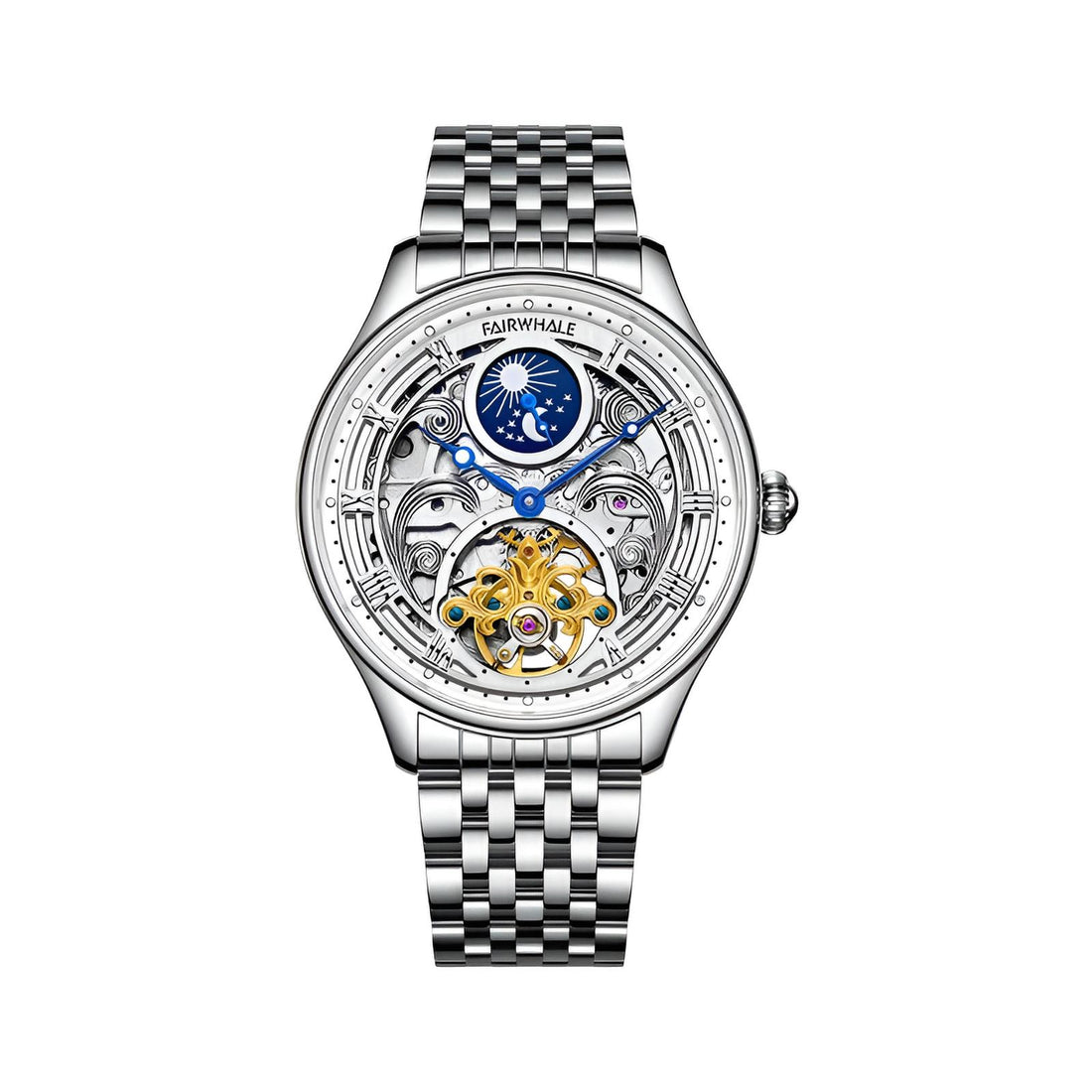 Mark Fairwhale SORIONI Horizon Steel – Silver-tone automatic moon phase watch for men with leather strap and stainless steel case