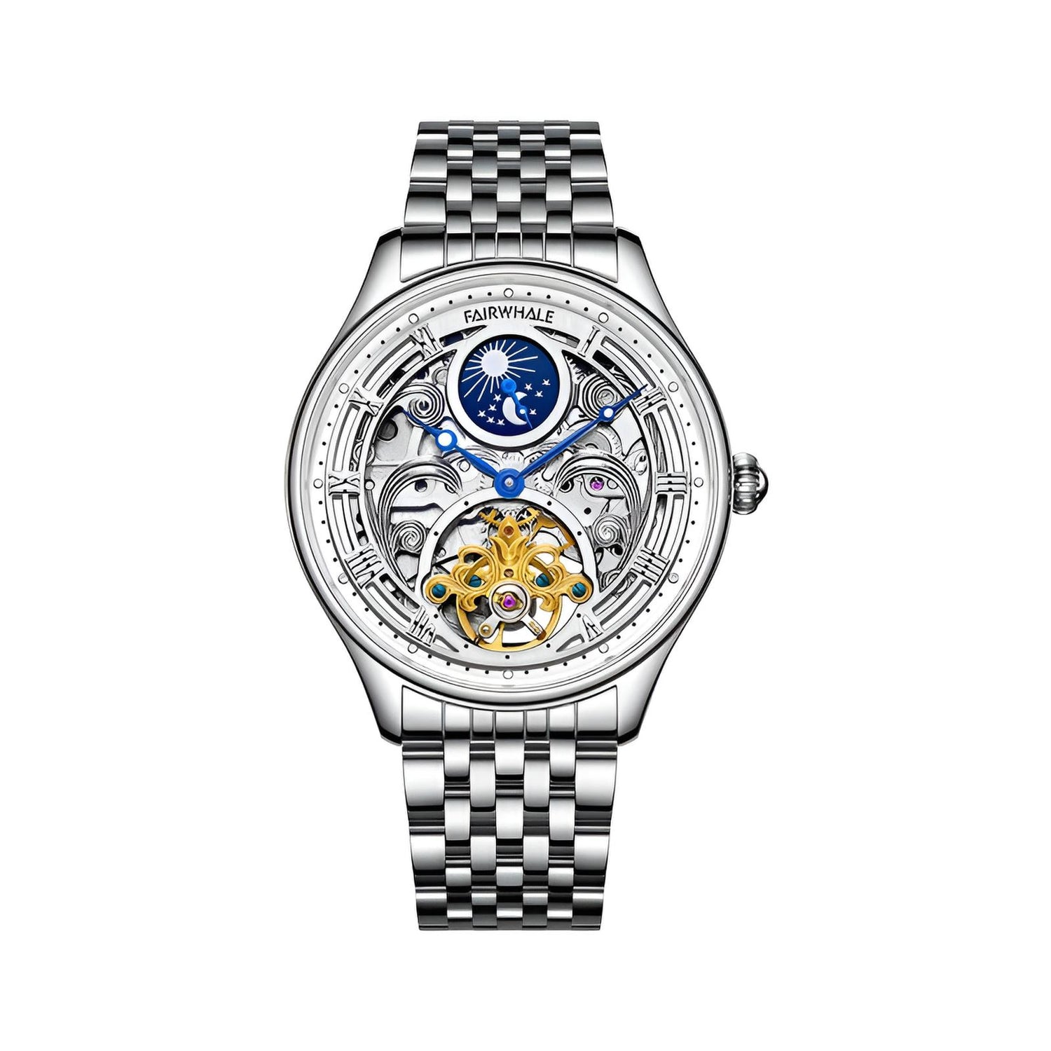 Mark Fairwhale SORIONI Horizon Steel – Silver-tone automatic moon phase watch for men with leather strap and stainless steel case