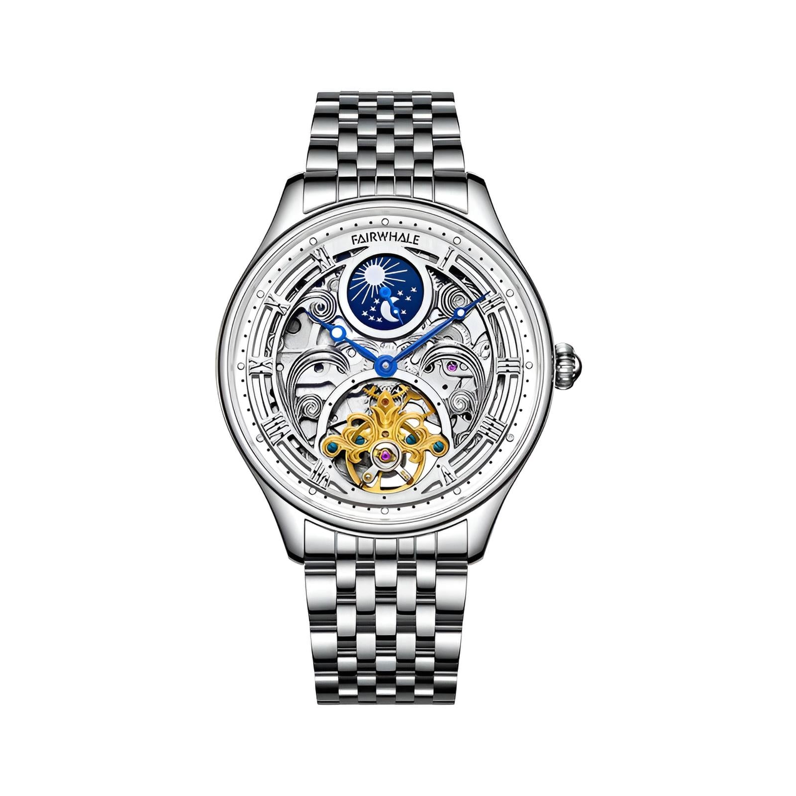 Mark Fairwhale SORIONI Horizon Steel – Silver-tone automatic moon phase watch for men with leather strap and stainless steel case