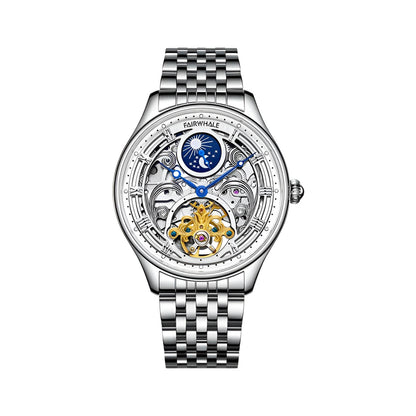 Mark Fairwhale SORIONI Horizon Steel – Silver-tone automatic moon phase watch for men with leather strap and stainless steel case