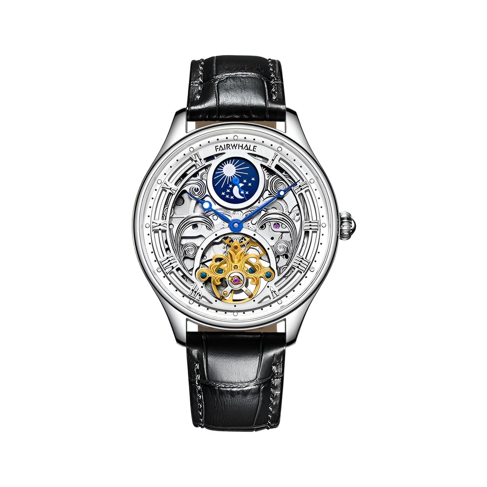 Mark Fairwhale SORIONI Obsidian Frame – Black dial moon phase automatic watch for men, sleek 11mm profile with butterfly clasp