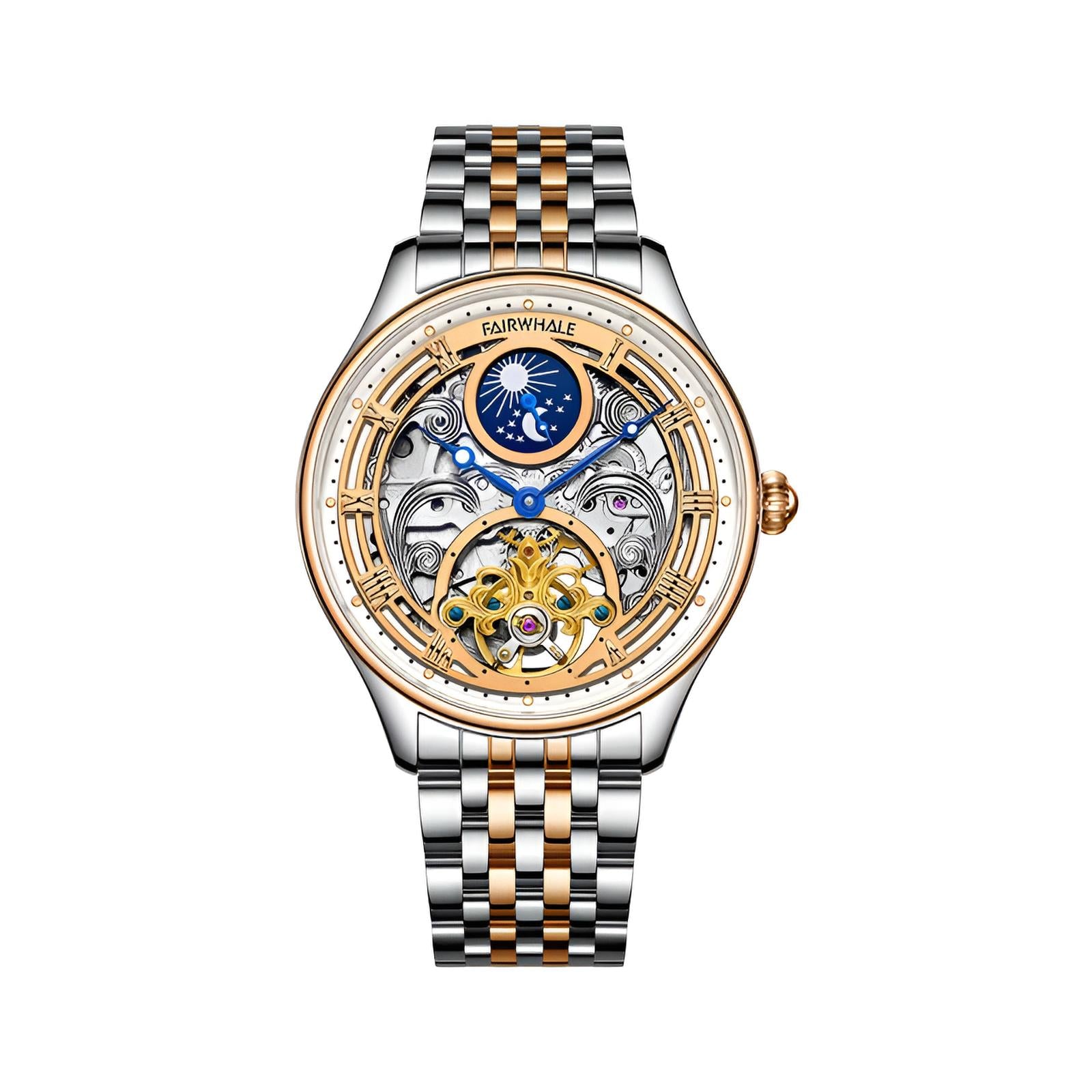 Mark Fairwhale SORIONI Solar Crest – Gold-accent moon phase automatic watch for men, minimalist numberless dial with premium leather band