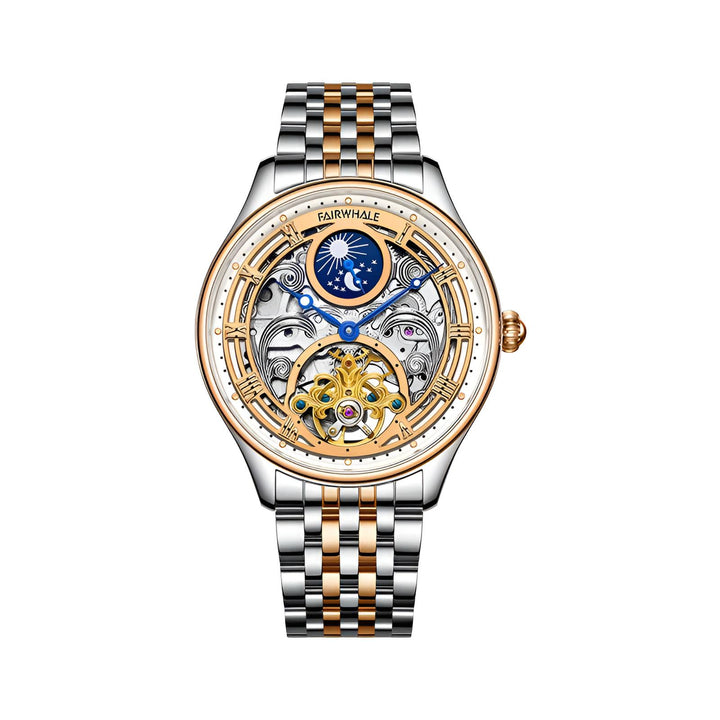 Mark Fairwhale SORIONI Solar Crest – Gold-accent moon phase automatic watch for men, minimalist numberless dial with premium leather band