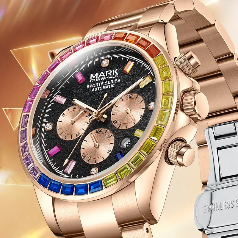 Rose gold Mark Fairwhale 6009 RAINORA watch with rainbow bezel and chronograph dial
