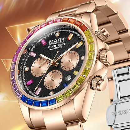 Rose gold Mark Fairwhale 6009 RAINORA watch with rainbow bezel and chronograph dial