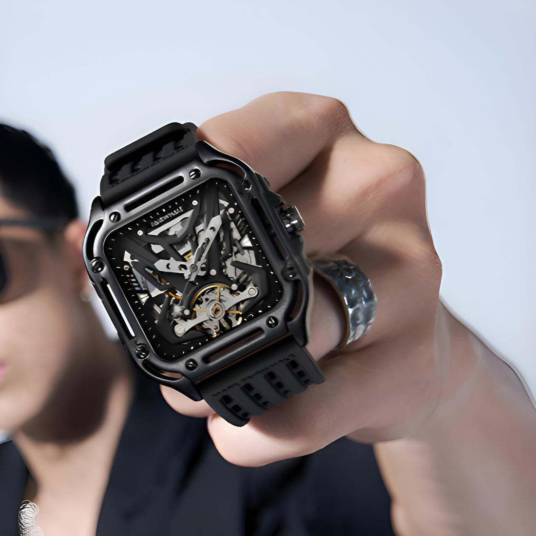 Mark Fairwhale RECTRON Obsidian Axis – Black numberless automatic mechanical watch for men with rubber strap and luminous hands