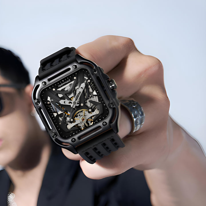 Mark Fairwhale RECTRON Obsidian Axis – Black numberless automatic mechanical watch for men with rubber strap and luminous hands