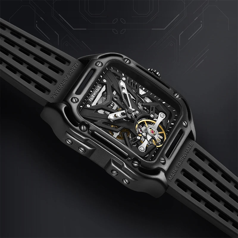Mark Fairwhale RECTRON Obsidian Axis – Black numberless automatic mechanical watch for men with rubber strap and luminous hands