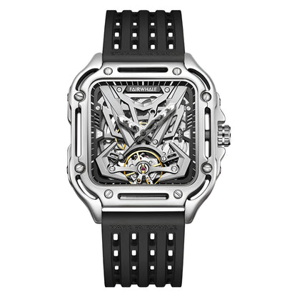 Mark Fairwhale RECTRON Aurora Drift – Silver-tone automatic watch with sleek numberless design and soft rubber strap for men
