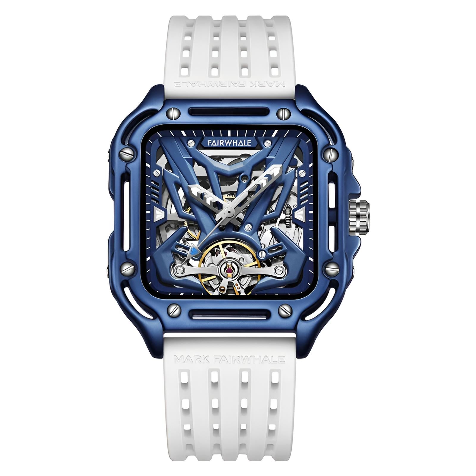 Mark Fairwhale RECTRON Aurora Drift – Silver-tone automatic watch with sleek numberless design and soft rubber strap for men