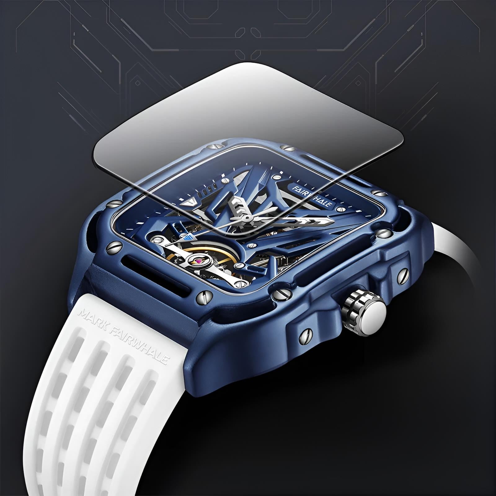 Mark Fairwhale RECTRON Aurora Drift – Silver-tone automatic watch with sleek numberless design and soft rubber strap for men