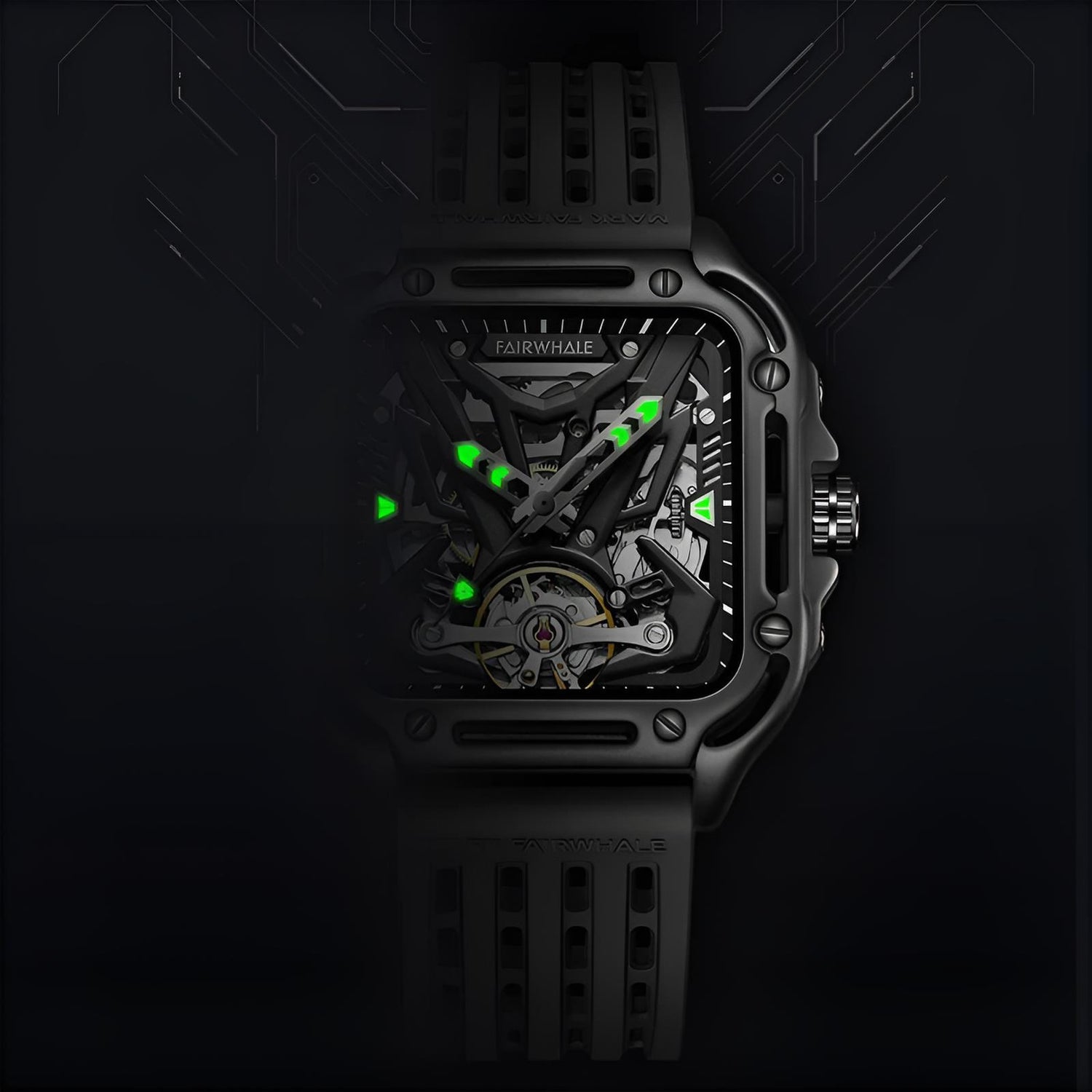 Mark Fairwhale RECTRON Obsidian Axis – Black rectangular automatic watch for men with numberless dial and luminous hands