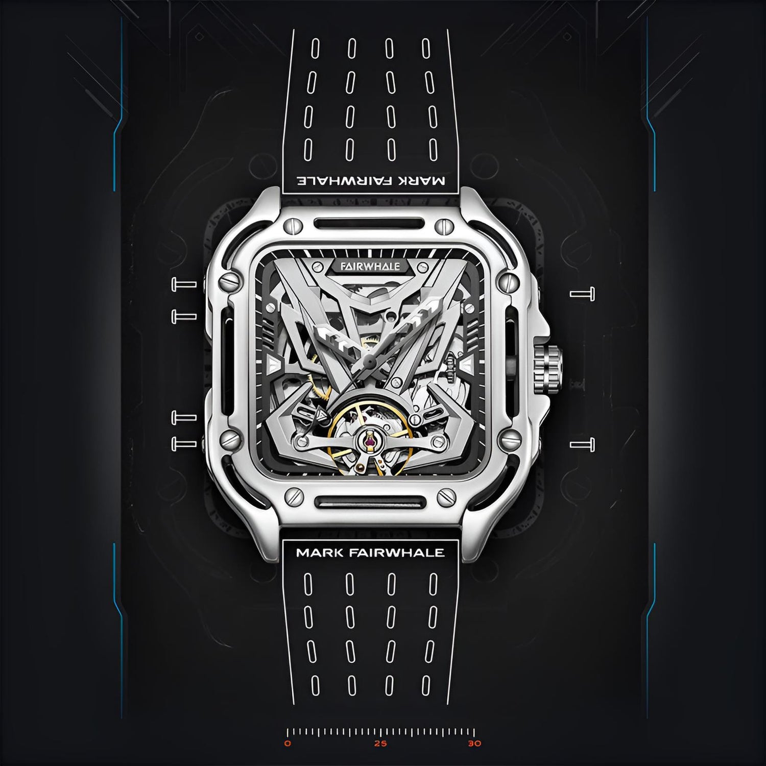Mark Fairwhale RECTRON Graphite Core – Dark gray minimalist mechanical watch with stainless steel case and rubber strap
