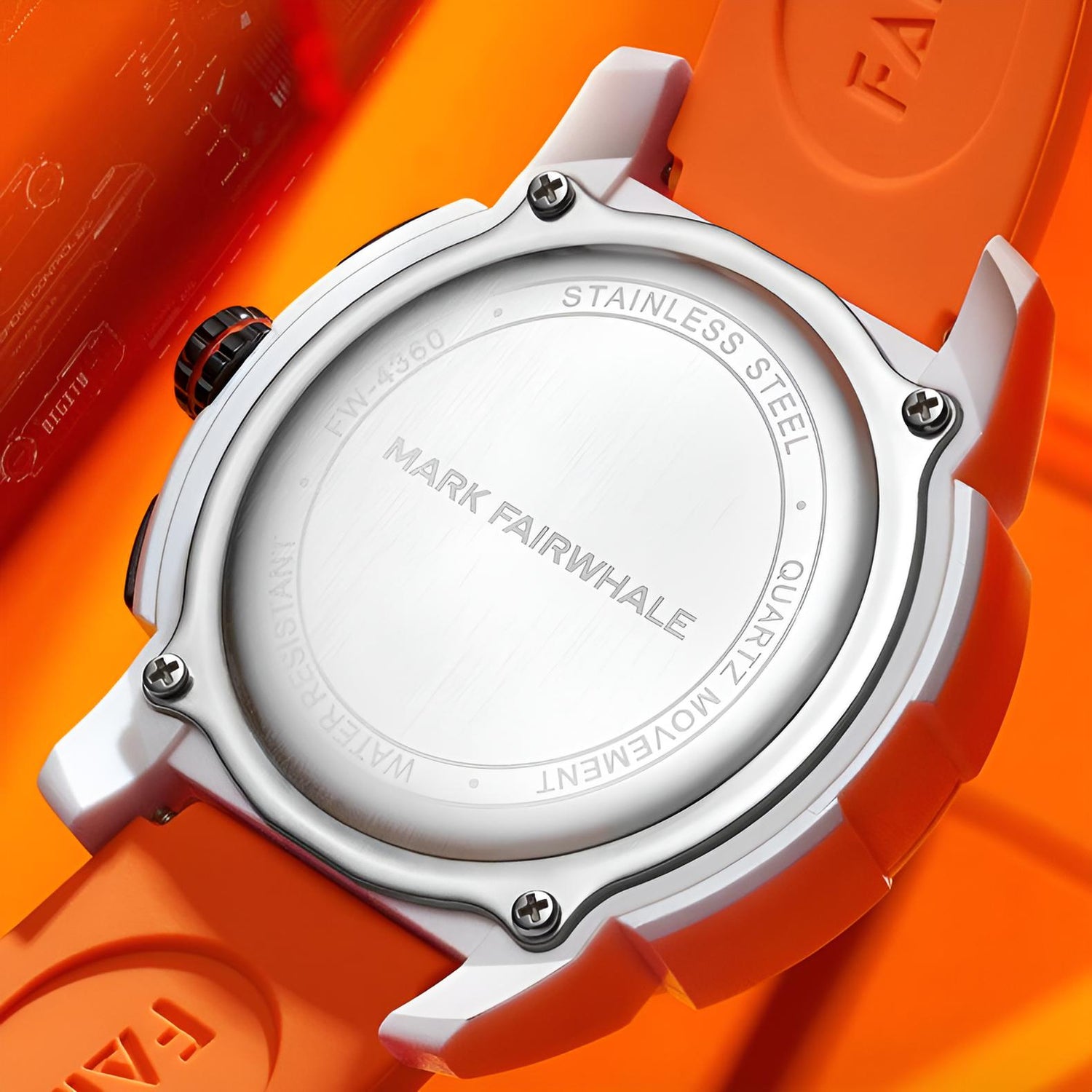 Mark Fairwhale REFUSIO FW-4360 chronograph watch with bold orange silicone strap and orange multi-layer dial