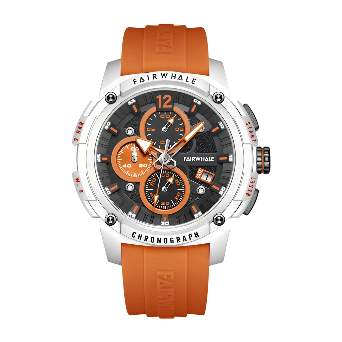 Mark Fairwhale REFUSIO FW-4360 chronograph watch with bold orange silicone strap and orange multi-layer dial