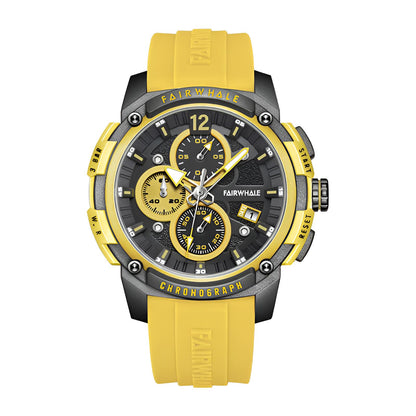 Mark Fairwhale REFUSIO FW-4360 chronograph watch with bold yellow silicone strap and yellow multi-layer dial