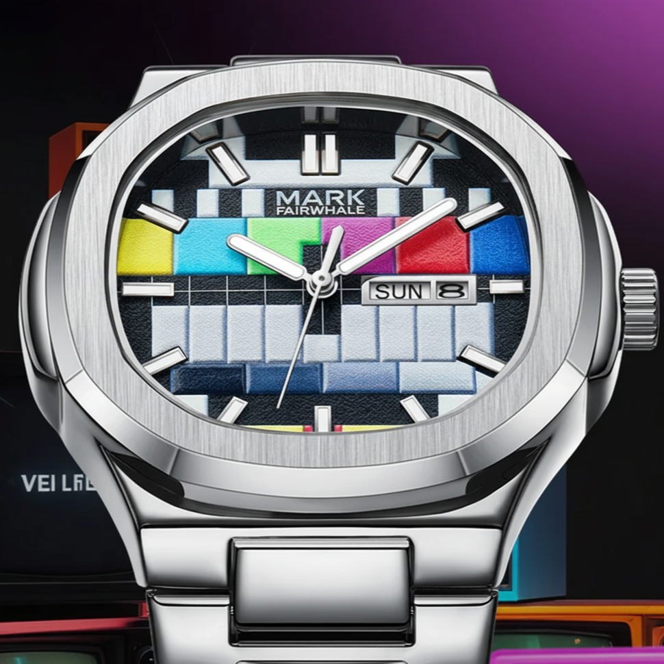 Dial Focus – Mark Fairwhale RETRONEX retro TV-inspired quartz watch dial with week display and bold colorful design.